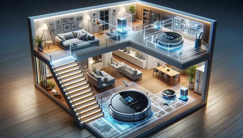 Illustration af multi level hus med robotstøvsugere