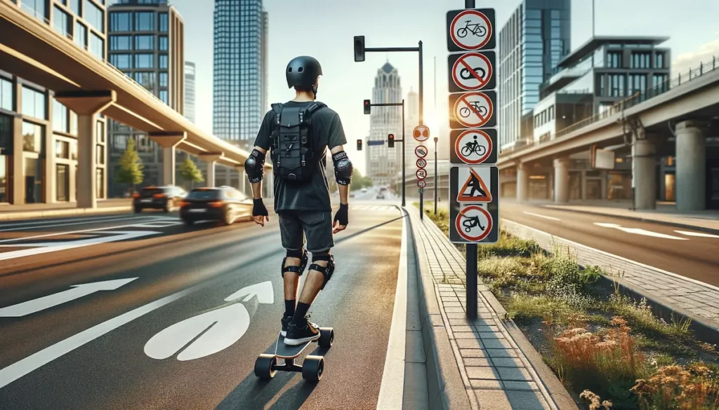 Mand kører på el-skateboard ved siden af vejskilte med regler
