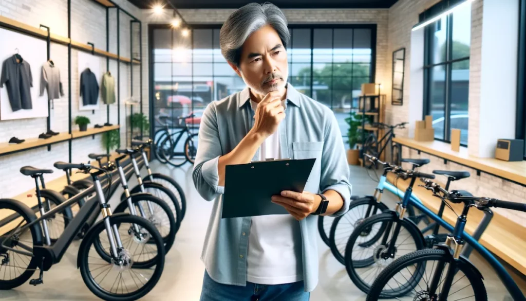 Person betragter forskellige el-cykler i en cykelbutik mens de konsulterer en tjekliste