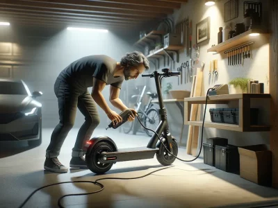 Person lader sit el-løbehjul i en garage